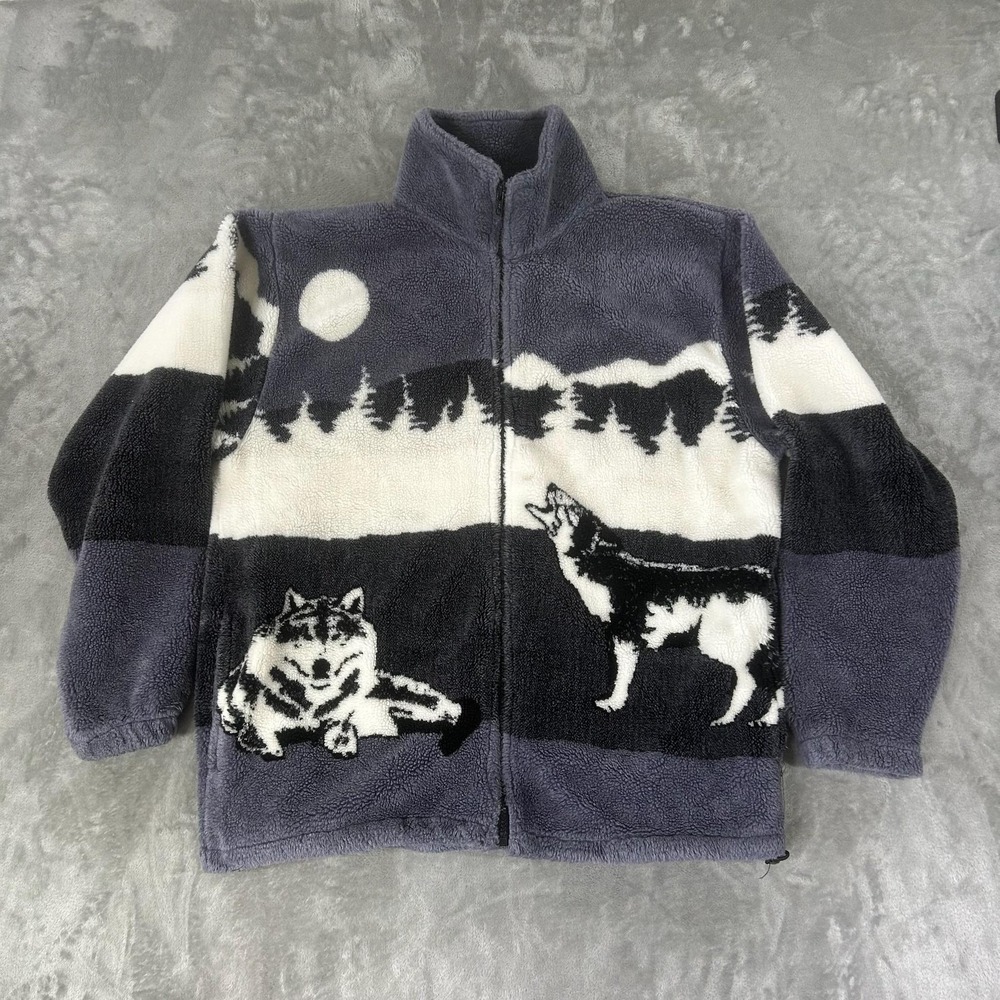 Ocean East Jacket Mens Medium Gray Fleece Full Zip Wolf Moon Forest Graphic USA